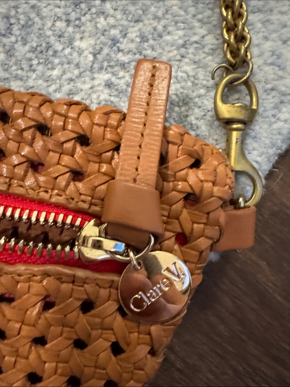 Clare V Woven Half Moon Fanny Pack in Tan with Red Zipper - Picture 3 of 6